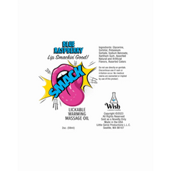 Flat label view of Smack lickable massage oil highlighting blue raspberry scent and ingredient list