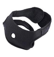 Flat lay of black neoprene face harness showing O-ring mount hole and mesh-lined inner straps