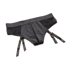 Flat lay showing crotchless opening and lace side panels of the Seductress panty harness