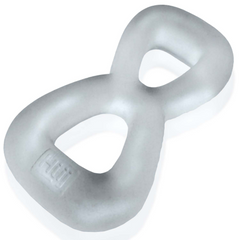 Flat lay of Hunkyjunk Boomerang double-ring in clear steam, smooth Plus-Silicone texture visible