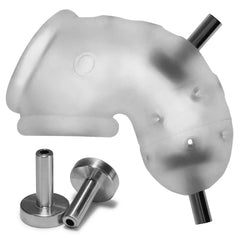 Flat overhead angle of clear silicone cage body with two stainless steel electro pins placed beside it