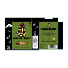 Flat packaging layout showing front, back, and disclaimer panel for the Pot Pack crayon set