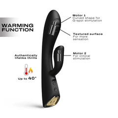Flexi Rabbit dual-motor diagram highlighting G-spot curve, textured shaft, and warming function