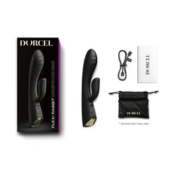 Flexi Rabbit full unboxed contents: vibrator, USB cable, storage pouch, and instruction booklet