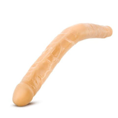 Flexible beige double-ended dildo displayed in curved position showing realistic texture