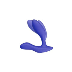 Flexible dual-tip design of blue We-Vibe Vector+ prostate massager shown from front angle