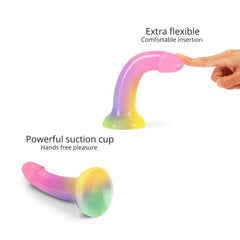Flexible Stargazer dildo bent at tip and shown with suction cup base for hands-free use