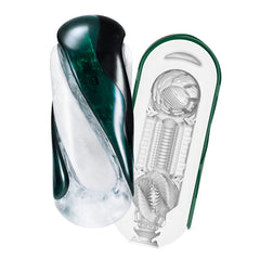 FLIP 360 Aurora Green open beside its inner sleeve, revealing layered internal texture detail