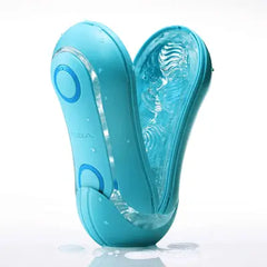 Flip Orb Ocean Blue partially opened, displaying ribbed gel sleeve interior