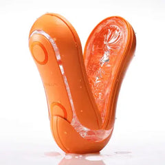Flip Orb Sunset Orange opened wide showing lubricated textured interior and flexible split-body design