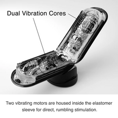 Flip Zero EV opened flat revealing dual vibration cores inside textured elastomer sleeve