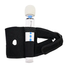 Close-up of Forced-O thigh harness flat, showing wand vibrator slot, mesh pocket and velcro closure