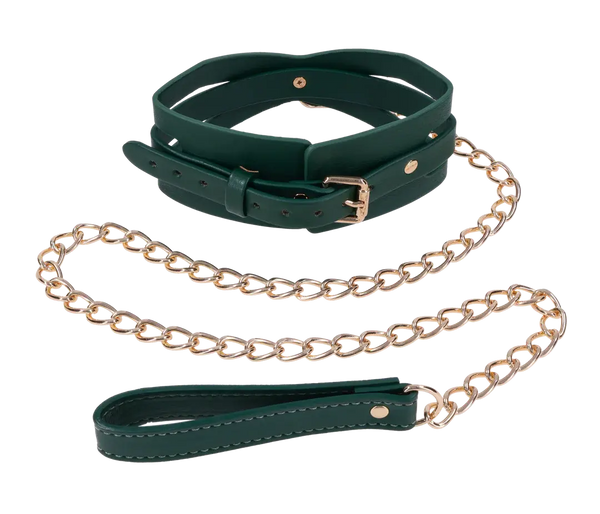 Forest green collar with gold-tone buckle and matching chain leash with leather loop handle