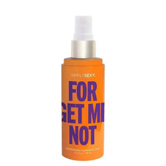 Close-up of Forget Me Not fragrance mist spray nozzle with silver collar on orange bottle