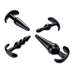 Four black anal plugs arranged in a radial layout showing curved anchor bases