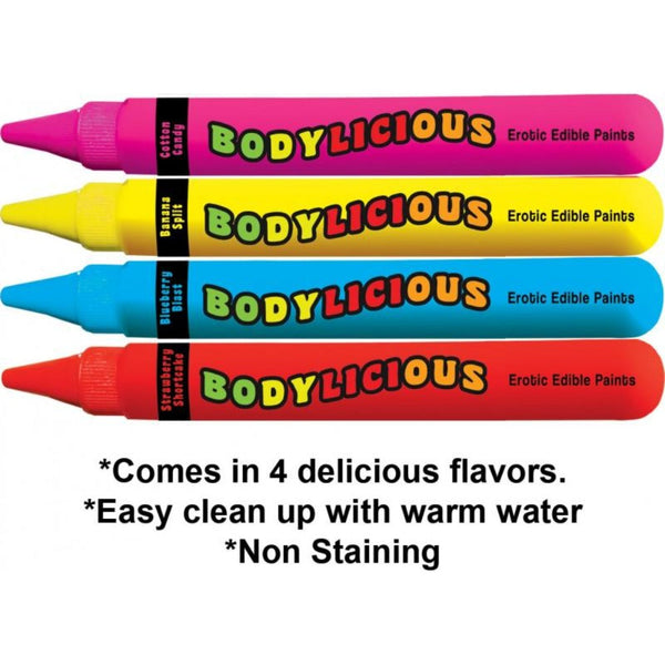 Four Bodylicious body paint pens in pink, yellow, blue, and red showing flavor labels