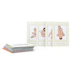 Four cream-bordered intimacy position cards fanned out above a shuffled multicolour deck