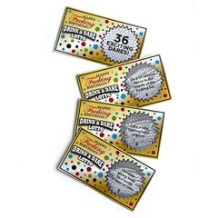 Four Drink & Dare Lotto scratch tickets showing revealed dare challenges with silver foil scratch areas