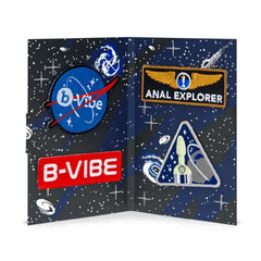 Four embroidered iron-on patches including B-Vibe logo and Anal Explorer wings displayed open