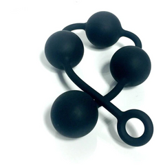 Four graduated black silicone beads with flexible connector cord and retrieval loop, close-up view