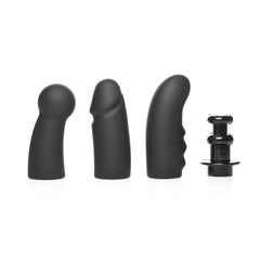 Four included attachments: bulb-tip, shaft, curved, and Vac-U-Lock adapter in matte black silicone