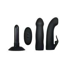 Four-piece set: suction base, remote control, straight sleeve, and G-spot rabbit sleeve