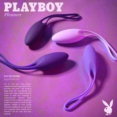 Four Playboy Put in Work Kegel Balls arranged on purple surface, ranging from dark to pale purple