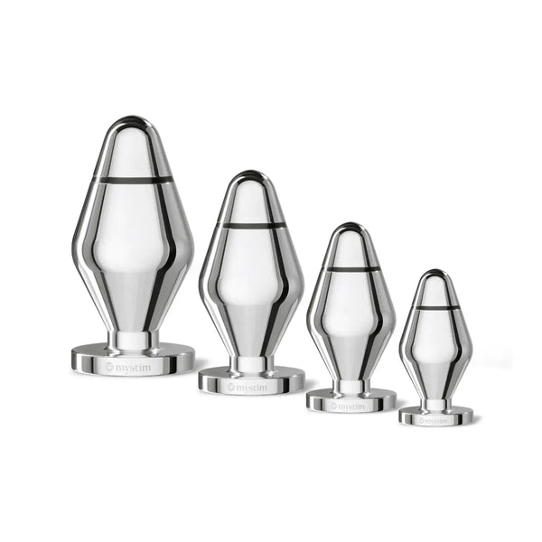 Four sizes of Mystim John Buttplug displayed together showing small to large size progression