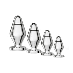 Four sizes of Mystim John Buttplug displayed together showing small to large size progression