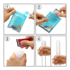 Four-step usage guide showing how to open, prepare, apply lotion, and use the Pocket Tenga