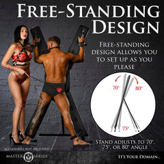 Free-standing St. Andrew's Cross adjustable to 70°, 75°, or 80° angle shown with couple posing