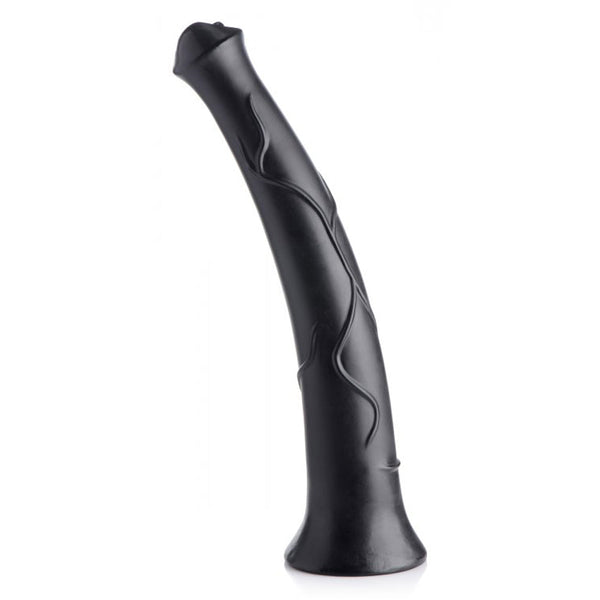 Freestanding black dildo showing curved shape and flared suction-cup base at an angle