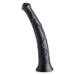 Freestanding black dildo showing curved shape and flared suction-cup base at an angle