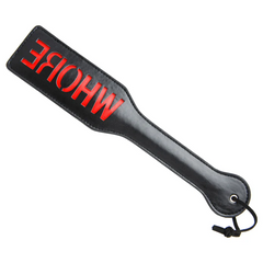 Frisky black faux-leather imprint spanking paddle with raised red WHORE lettering