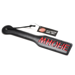 Frisky Imprint Spanking Paddle reverse side showing embossed red text and hang tag