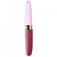 Front view of 10X Rosé vibrator showing smooth borosilicate glass tip and rose-pink silicone handle