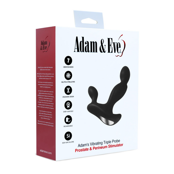 Front of Adam & Eve Triple Probe retail box with product silhouette and feature icons