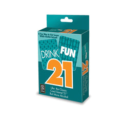 Front angle of Drink Fun 21 teal box showing bold orange number 21 and game tagline