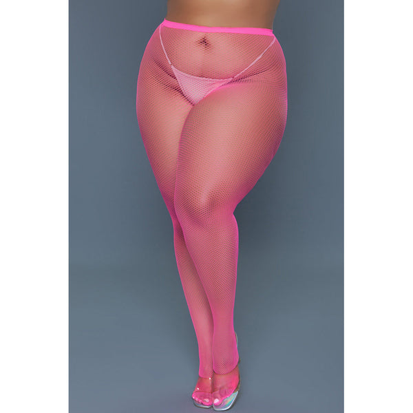 Close front angle of hot pink fishnet pantyhose with semi-sheer netting, queen fit