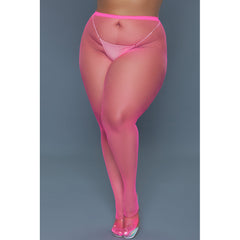 Close front angle of hot pink fishnet pantyhose with semi-sheer netting, queen fit