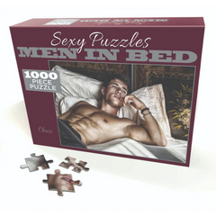 Front angle of Men In Bed Chase puzzle box highlighting 1000-piece count and burgundy color scheme
