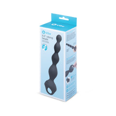 Front view of b-Vibe 6.5" Vibing Beads retail packaging with product images and feature icons