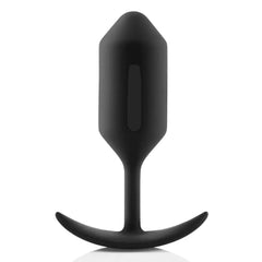 Front view of b-Vibe Snug Plug 3 black silicone anal plug with anchor-style base for secure wear