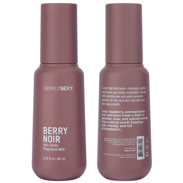 Front and back view of Berry Noir Fragrance Mist showing full label text, 3.35 fl oz size
