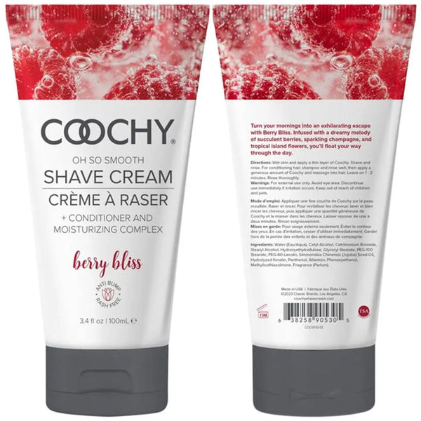 Front and back view of Coochy Berry Bliss Shave Cream 100mL tube with conditioning complex