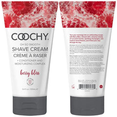 Front and back view of Coochy Berry Bliss Shave Cream 100mL tube with conditioning complex