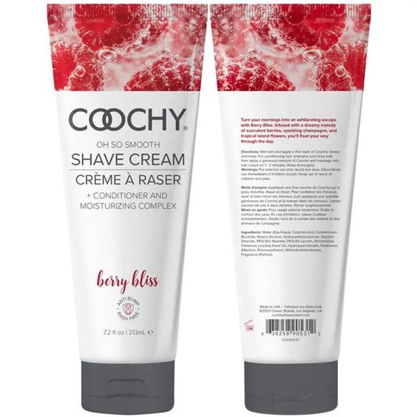 Front and back view of Coochy Berry Bliss Shave Cream 213mL tube with conditioner complex