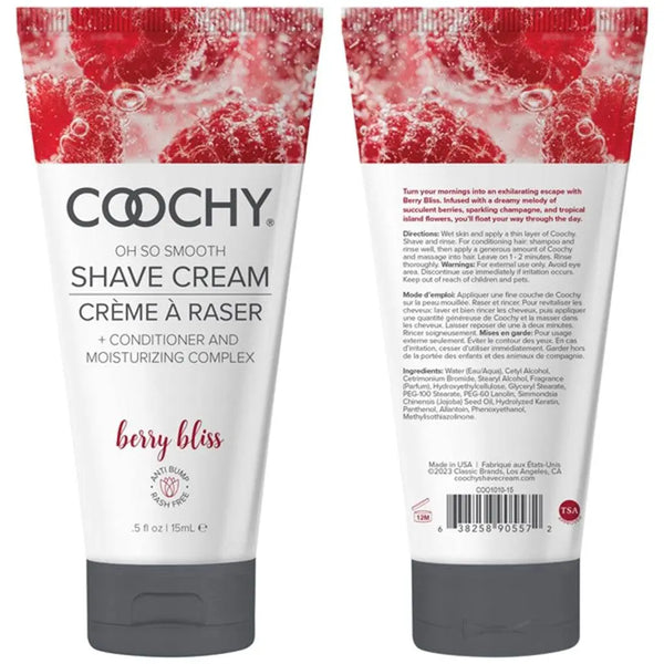 Front and back view of Coochy Berry Bliss shave cream tube displaying full product information