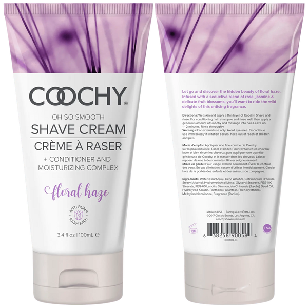 Front and back view of Coochy Floral Haze shave cream tube with conditioner complex