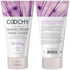 Front and back view of Coochy Floral Haze shave cream tube with conditioner complex